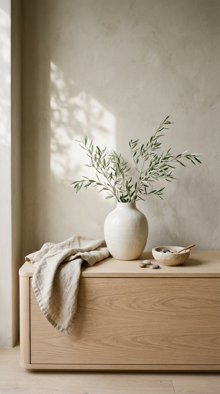 Sunlit ceramics, olive branches, and natural linen on a pale oak console